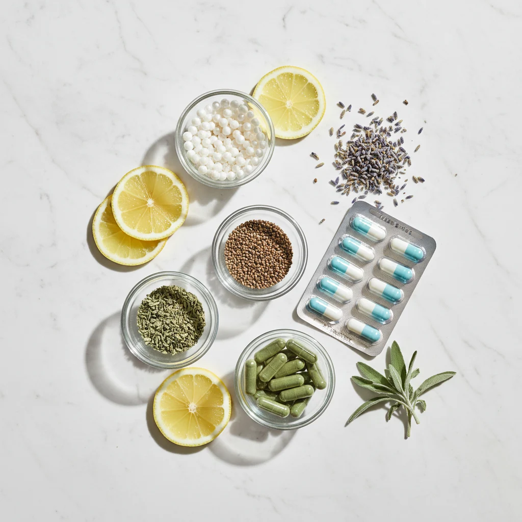 Naturliga ingredienser: zink, magnesium, vitamin C, selen och probiotika i glasskålar på marmoryta